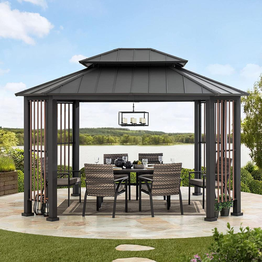 Sunjoy 11 x 13 ft Hardtop Gazebo Outdoor 2-Tier Steel Hardtop Metal Gazebo