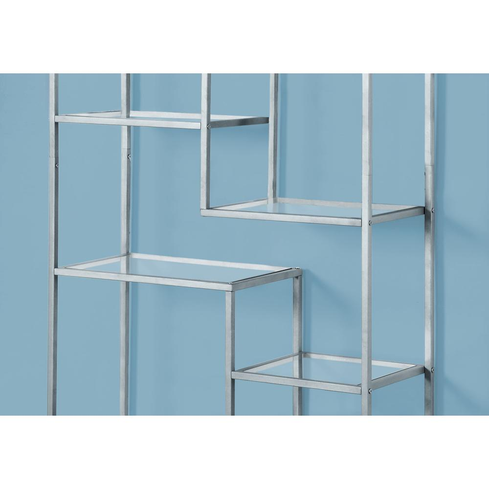 Bookshelf, Bookcase, Etagere, 72H, Office, Bedroom, Clear Tempered Glass, Grey