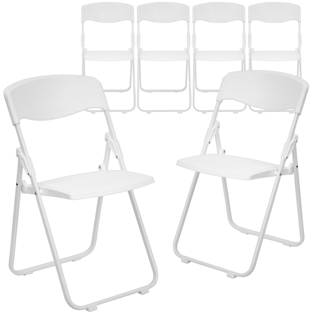 6 Pk. HERCULES Series 880 lb. Capacity Heavy Duty White Plastic Folding Chair with Built-in Ganging Brackets