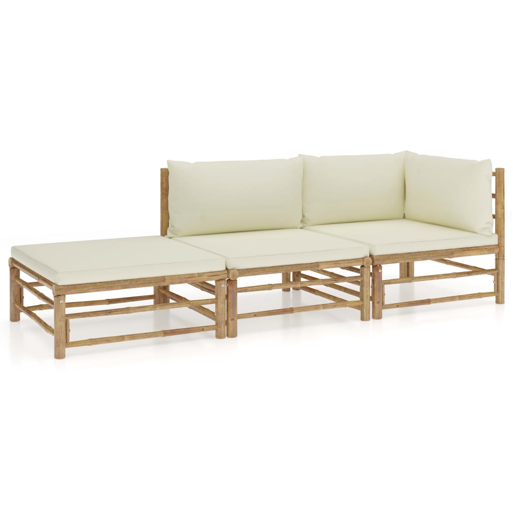 vidaXL 3 Piece Patio Lounge Set with Cream White Cushions Bamboo