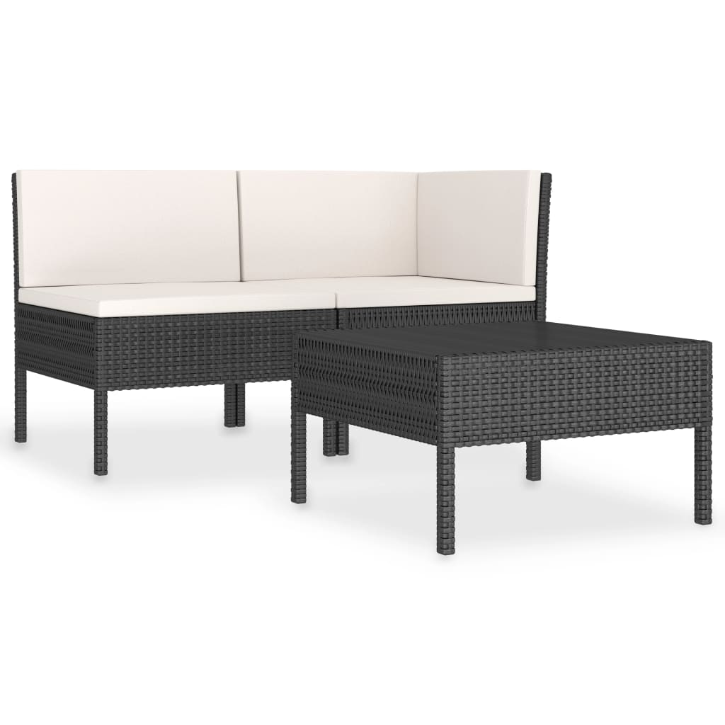 vidaXL 3 Piece Patio Lounge Set with Cushions Poly Rattan Black