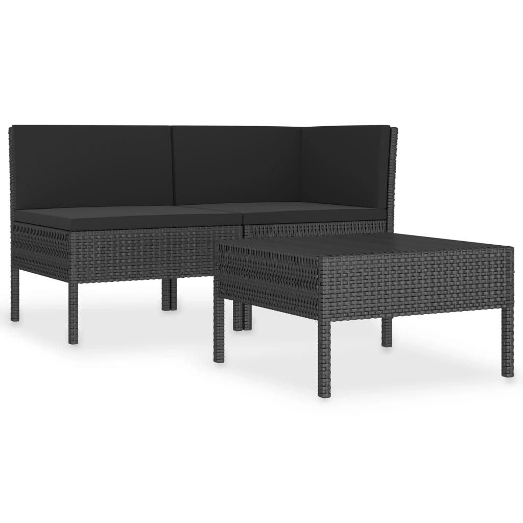 vidaXL 3 Piece Patio Lounge Set with Cushions Poly Rattan Black