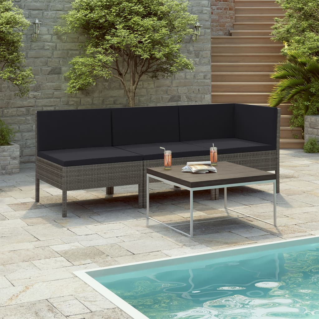 vidaXL 3 Piece Patio Lounge Set with Cushions Poly Rattan Gray