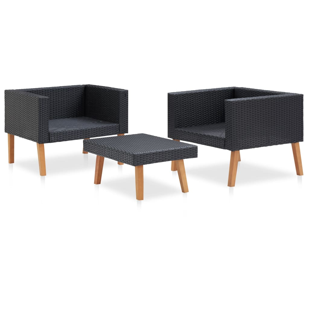 vidaXL 3 Piece Patio Lounge Set with Cushions Poly Rattan Black