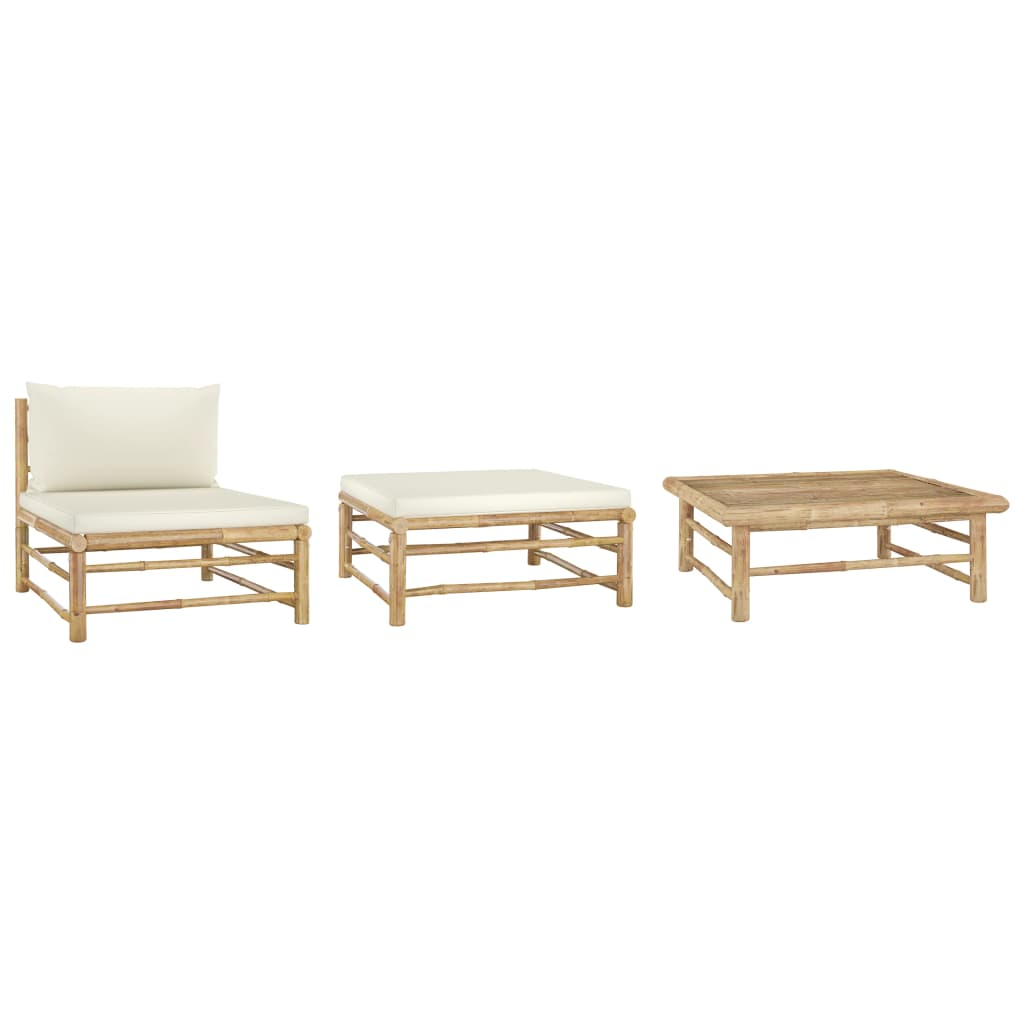 vidaXL 3 Piece Patio Lounge Set with Cream White Cushions Bamboo