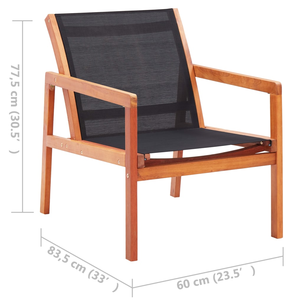 vidaXL Patio Lounge Chair Black Solid Eucalyptus Wood and Textilene