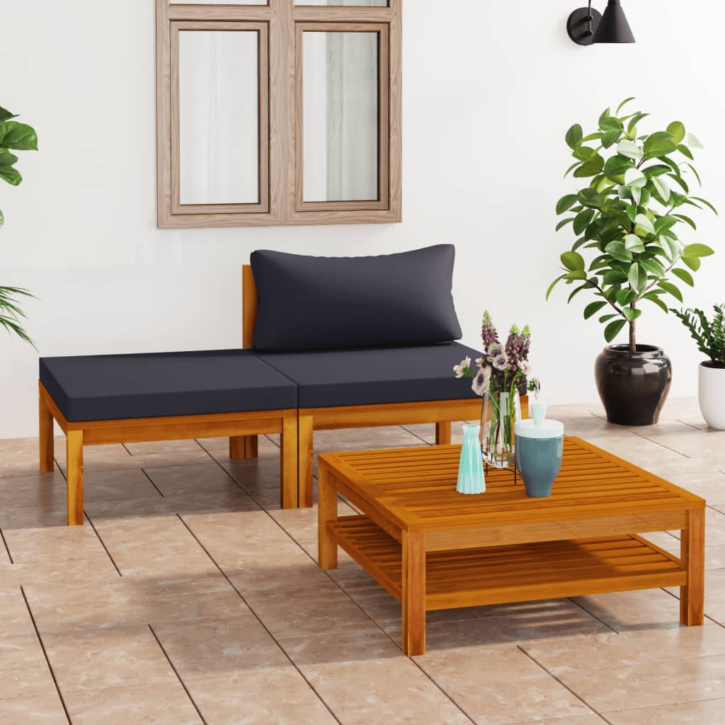 vidaXL 3 Piece Patio Lounge Set with Dark Gray Cushions Acacia Wood