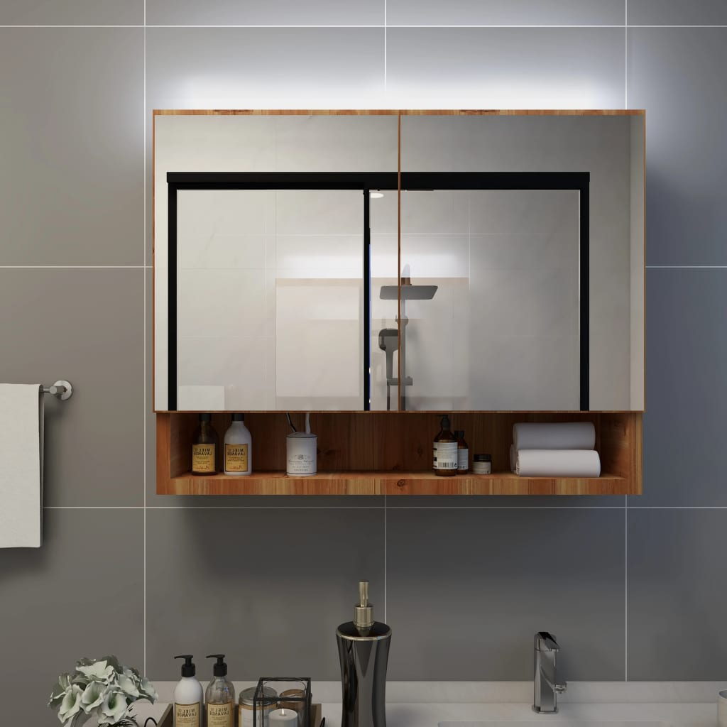 vidaXL LED Bathroom Mirror Cabinet Oak 31.5"x5.9"x23.6" MDF