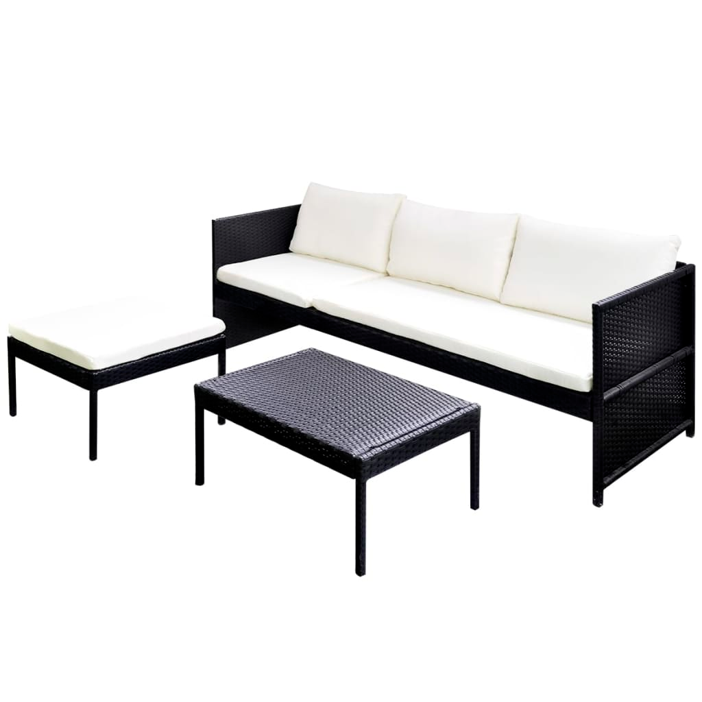 vidaXL 3 Piece Patio Lounge Set with Cushions Poly Rattan Black