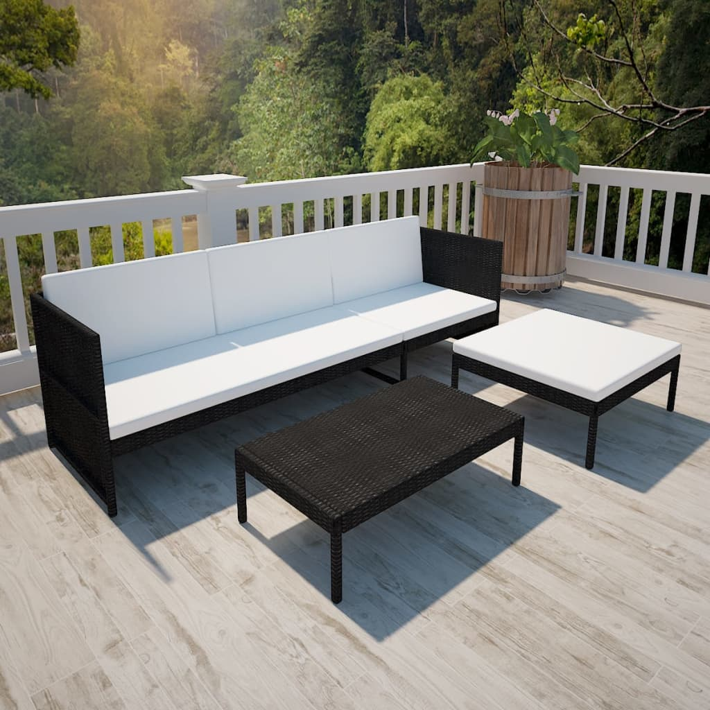 vidaXL 3 Piece Patio Lounge Set with Cushions Poly Rattan Black