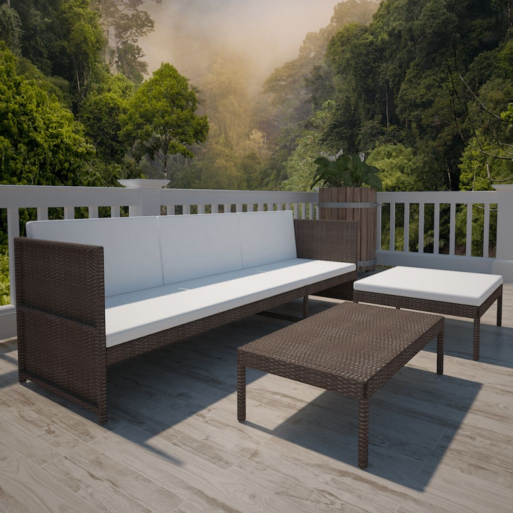 vidaXL 3 Piece Patio Lounge Set with Cushions Poly Rattan Brown