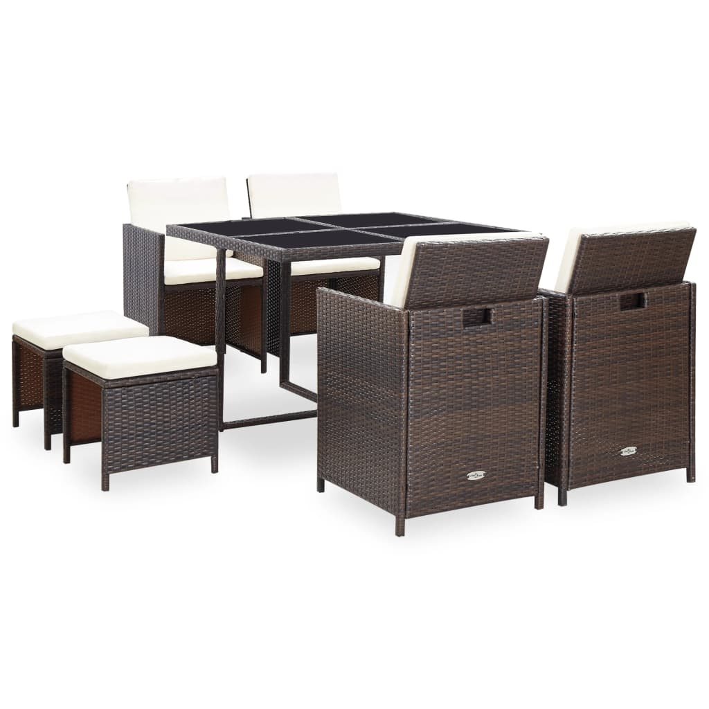 vidaXL 9 Piece Patio Dining Set with Cushions Poly Rattan Brown