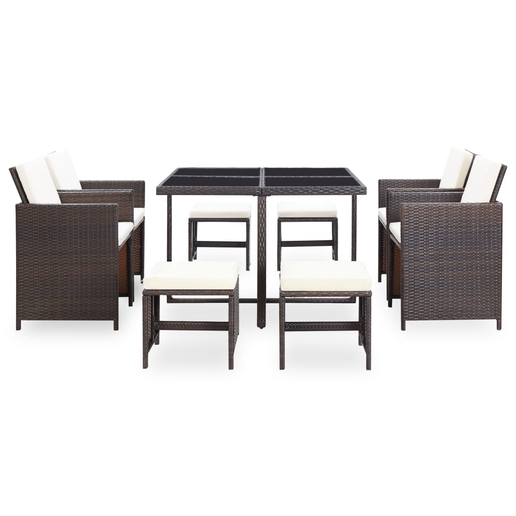 vidaXL 9 Piece Patio Dining Set with Cushions Poly Rattan Brown