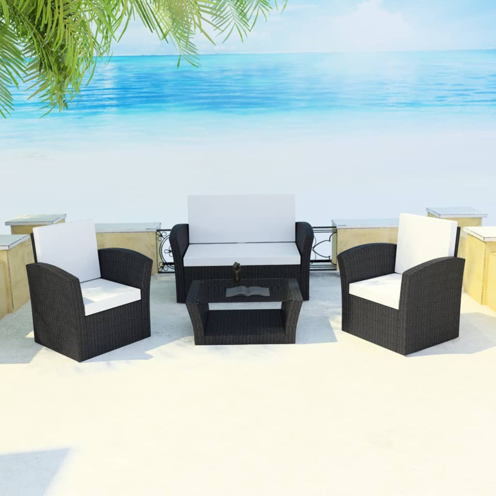 vidaXL 4 Piece Patio lounge set with Cushions Poly Rattan Black