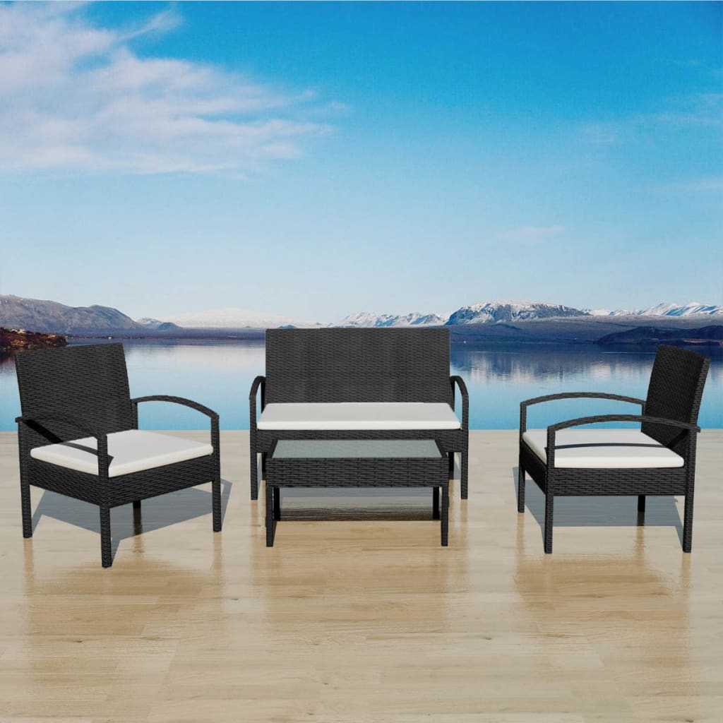 vidaXL 4 Piece Patio Lounge Set with Cushions Poly Rattan Black