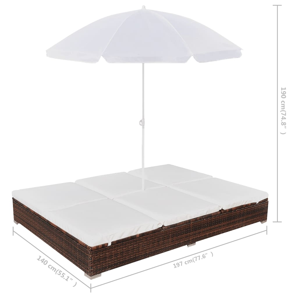 vidaXL Patio Lounge Bed with Umbrella Poly Rattan Brown