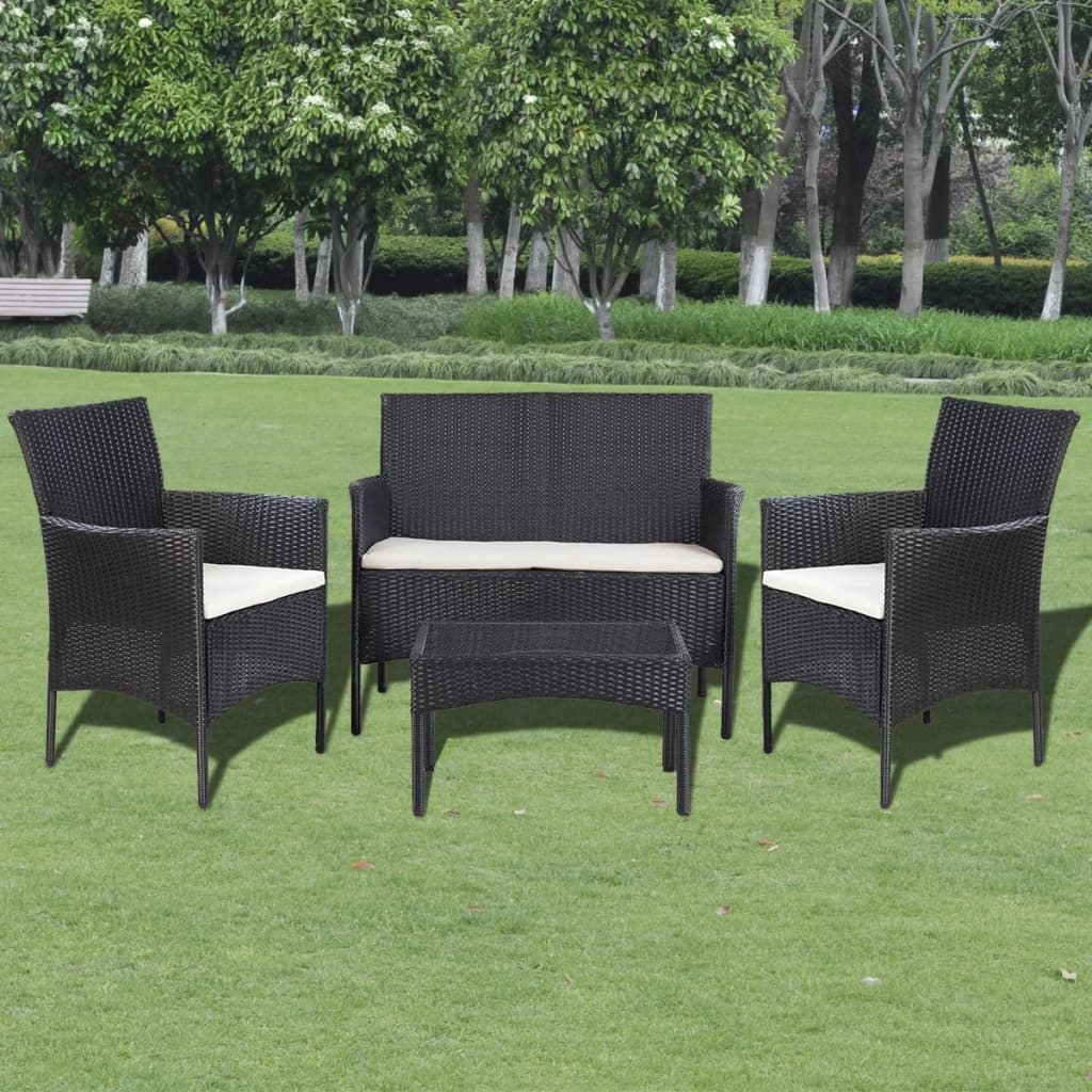 vidaXL 4 Piece Patio Lounge Set with Cushions Poly Rattan Black