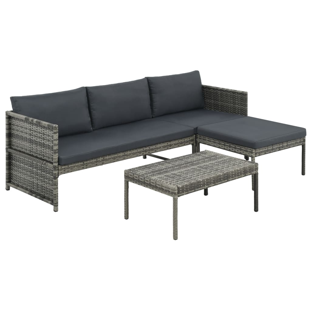 vidaXL 3 Piece Patio Lounge Set with Cushions Poly Rattan Gray