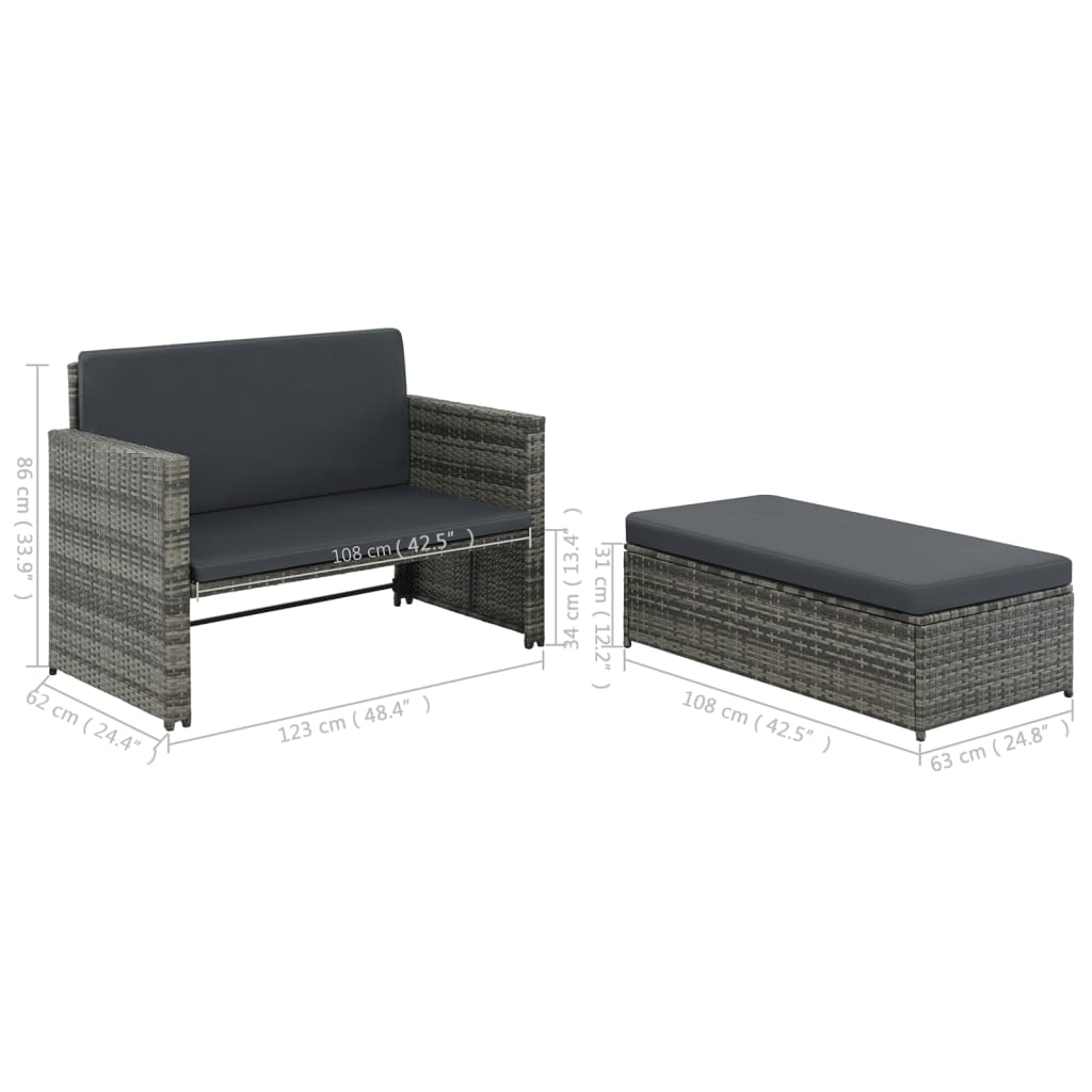 vidaXL 2 Piece Patio Lounge Set with Cushions Poly Rattan Gray