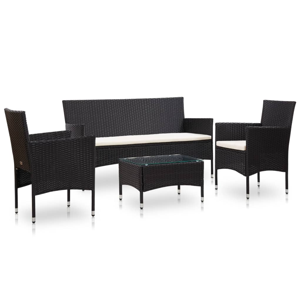 vidaXL 4 Piece Patio Lounge Set With Cushions Poly Rattan Black