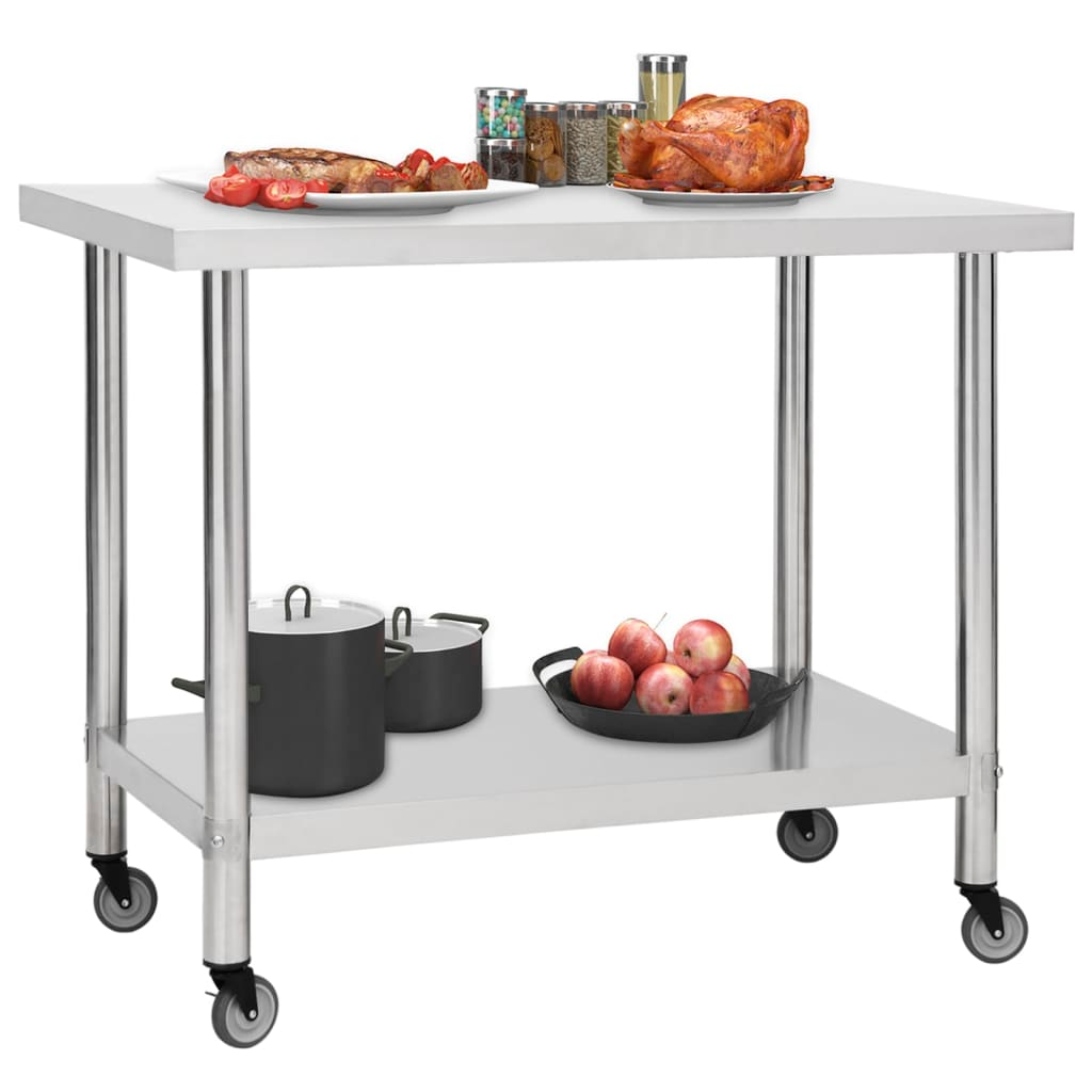 vidaXL Kitchen Work Table with Wheels 39.4"x23.6"x33.5" Stainless Steel