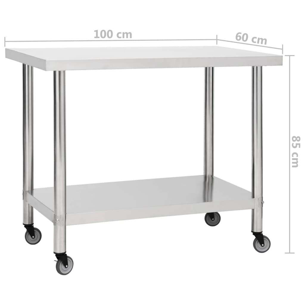 vidaXL Kitchen Work Table with Wheels 39.4"x23.6"x33.5" Stainless Steel