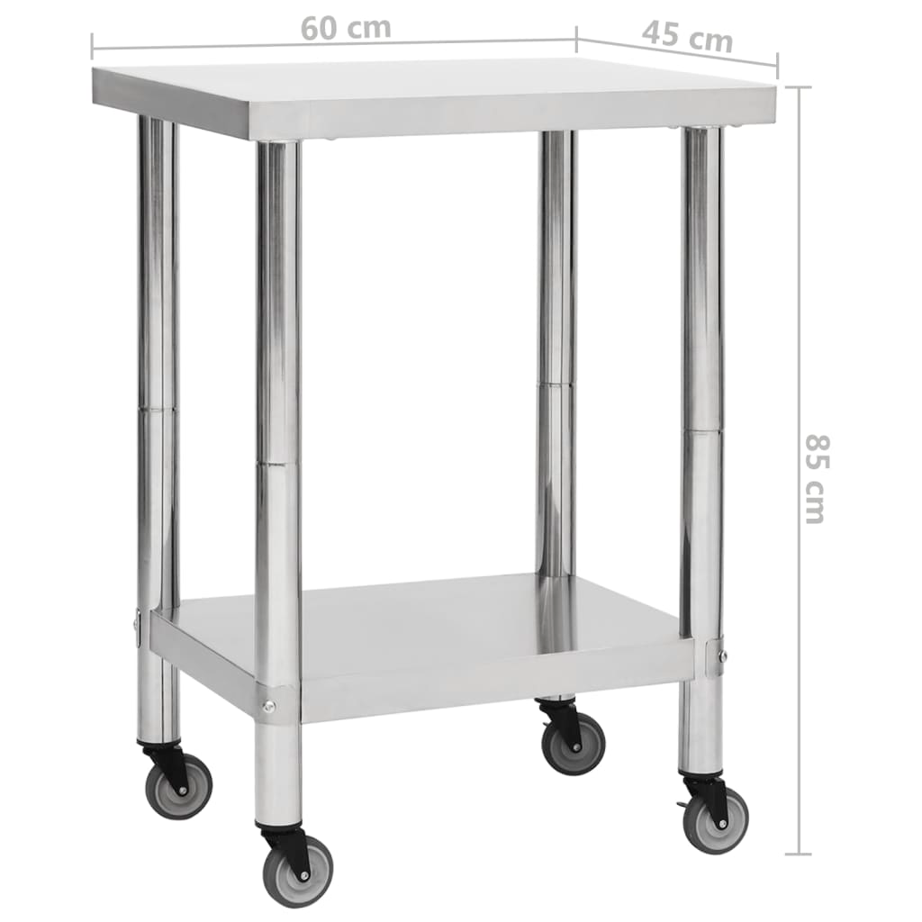 vidaXL Kitchen Work Table with Wheels 23.6"x17.7"x33.5" Stainless Steel