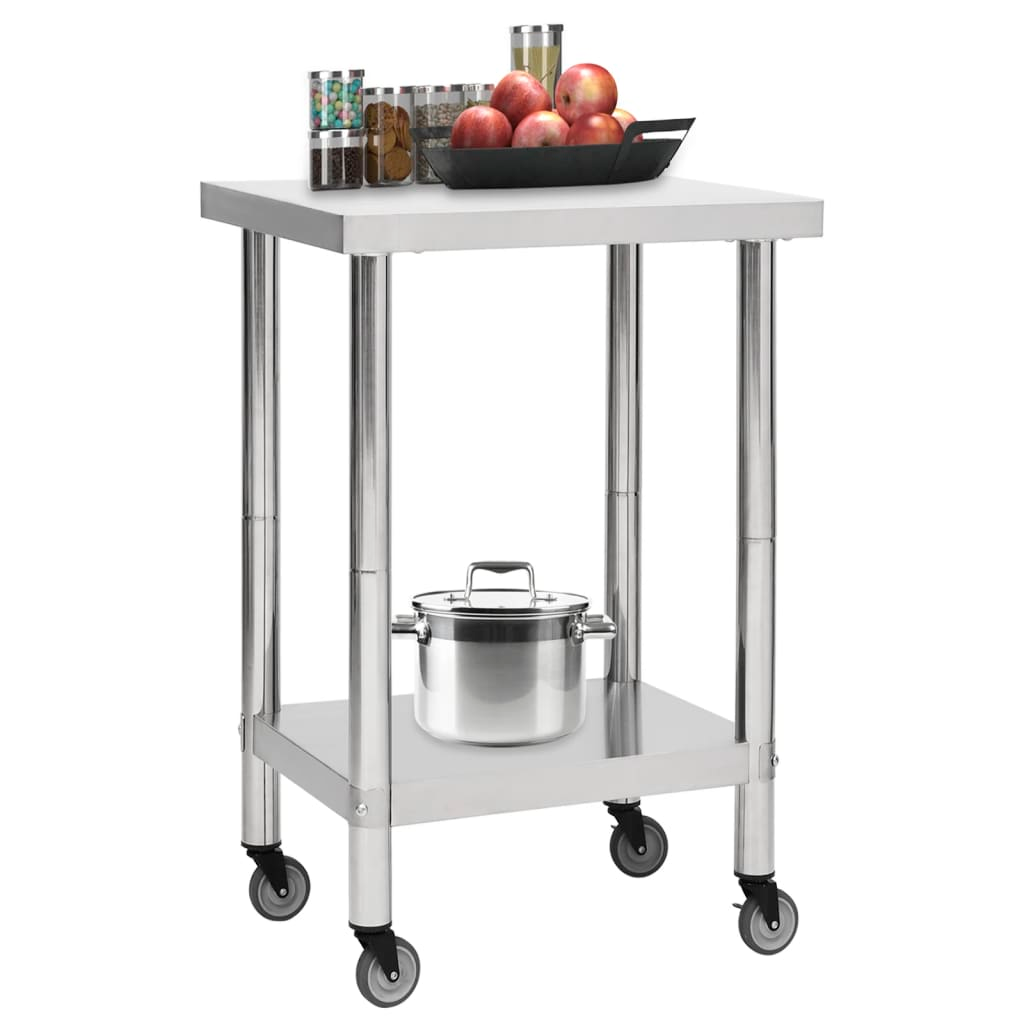 vidaXL Kitchen Work Table with Wheels 23.6"x23.6"x33.5" Stainless Steel