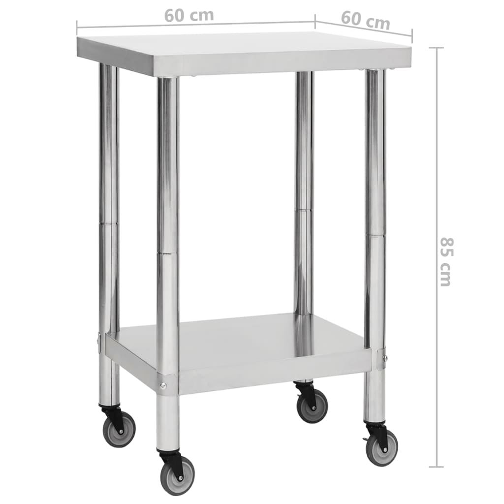 vidaXL Kitchen Work Table with Wheels 23.6"x23.6"x33.5" Stainless Steel