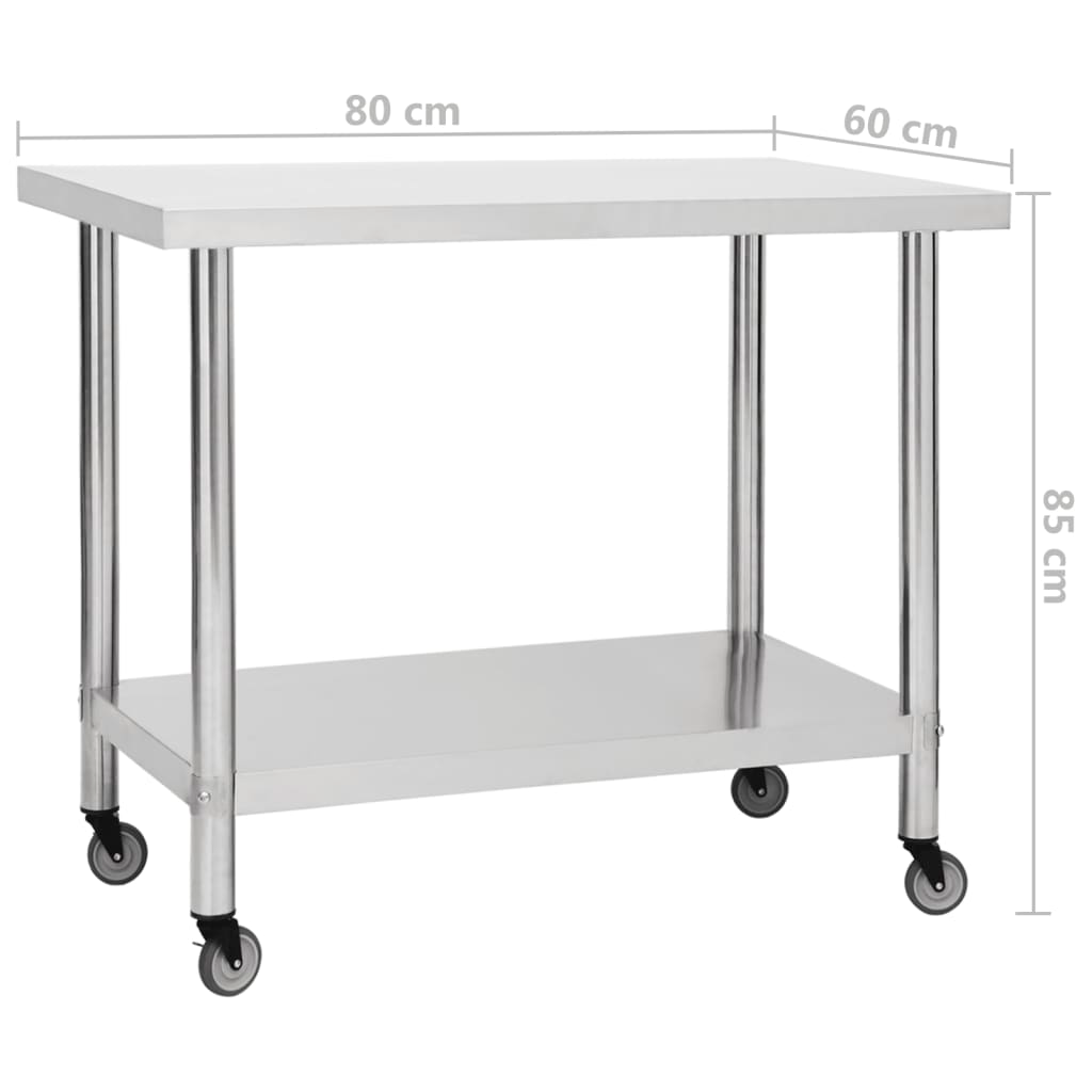 vidaXL Kitchen Work Table with Wheels 31.5"x23.6"x33.5" Stainless Steel