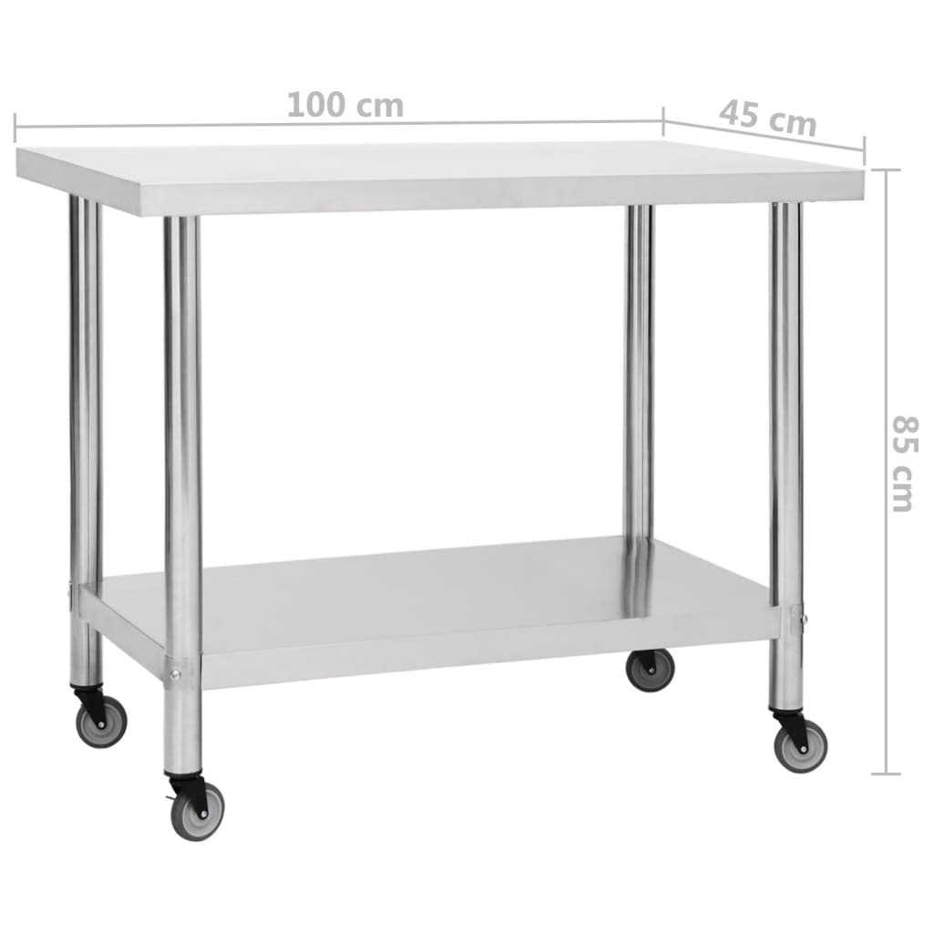 vidaXL Kitchen Work Table with Wheels 39.4"x17.7"x33.5" Stainless Steel