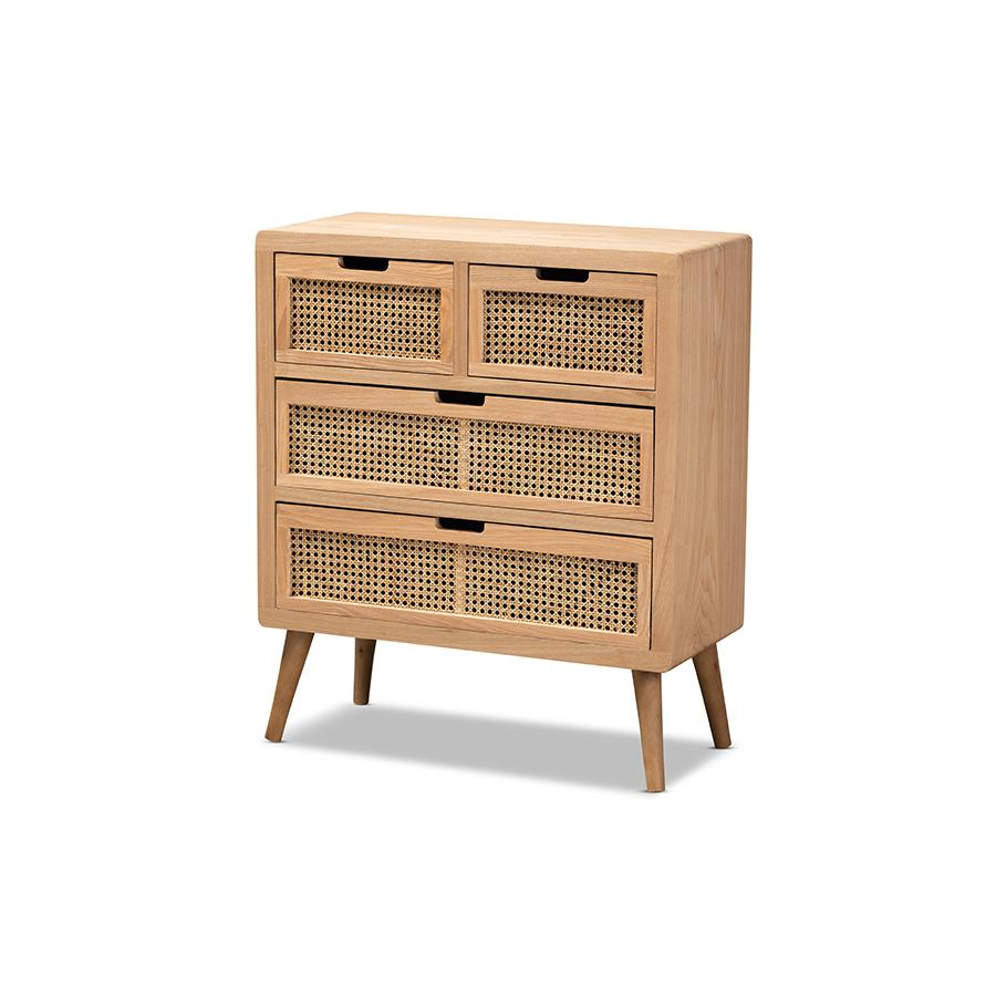 Medium Oak Finished Wood and Rattan 4-Drawer Accent Storage Cabinet