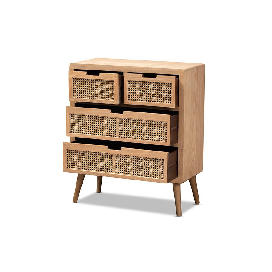 Medium Oak Finished Wood and Rattan 4-Drawer Accent Storage Cabinet