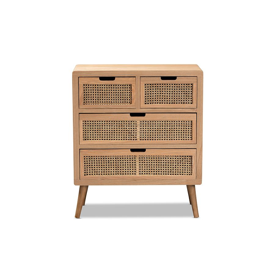 Medium Oak Finished Wood and Rattan 4-Drawer Accent Storage Cabinet