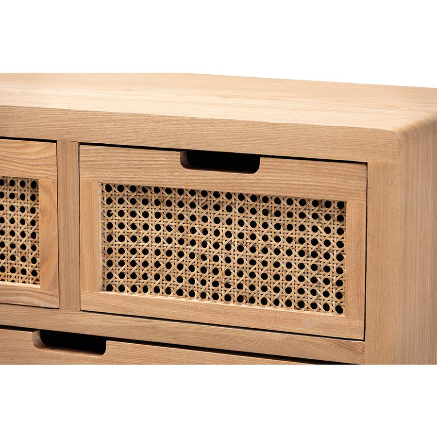 Medium Oak Finished Wood and Rattan 4-Drawer Accent Storage Cabinet