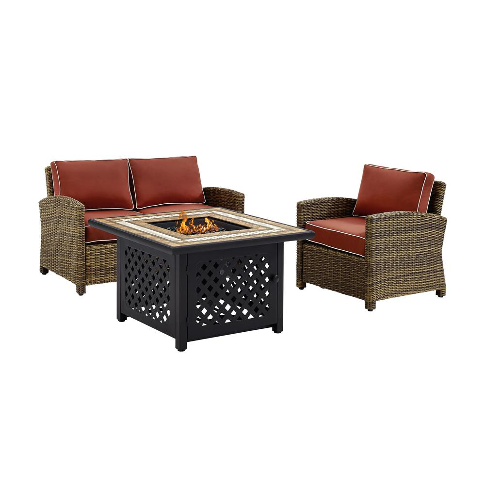 Bradenton 3Pc Outdoor Wicker Conversation Set W/Fire Table Weathered Brown/Sangria - Loveseat, Armchair, & Tucson Fire Table