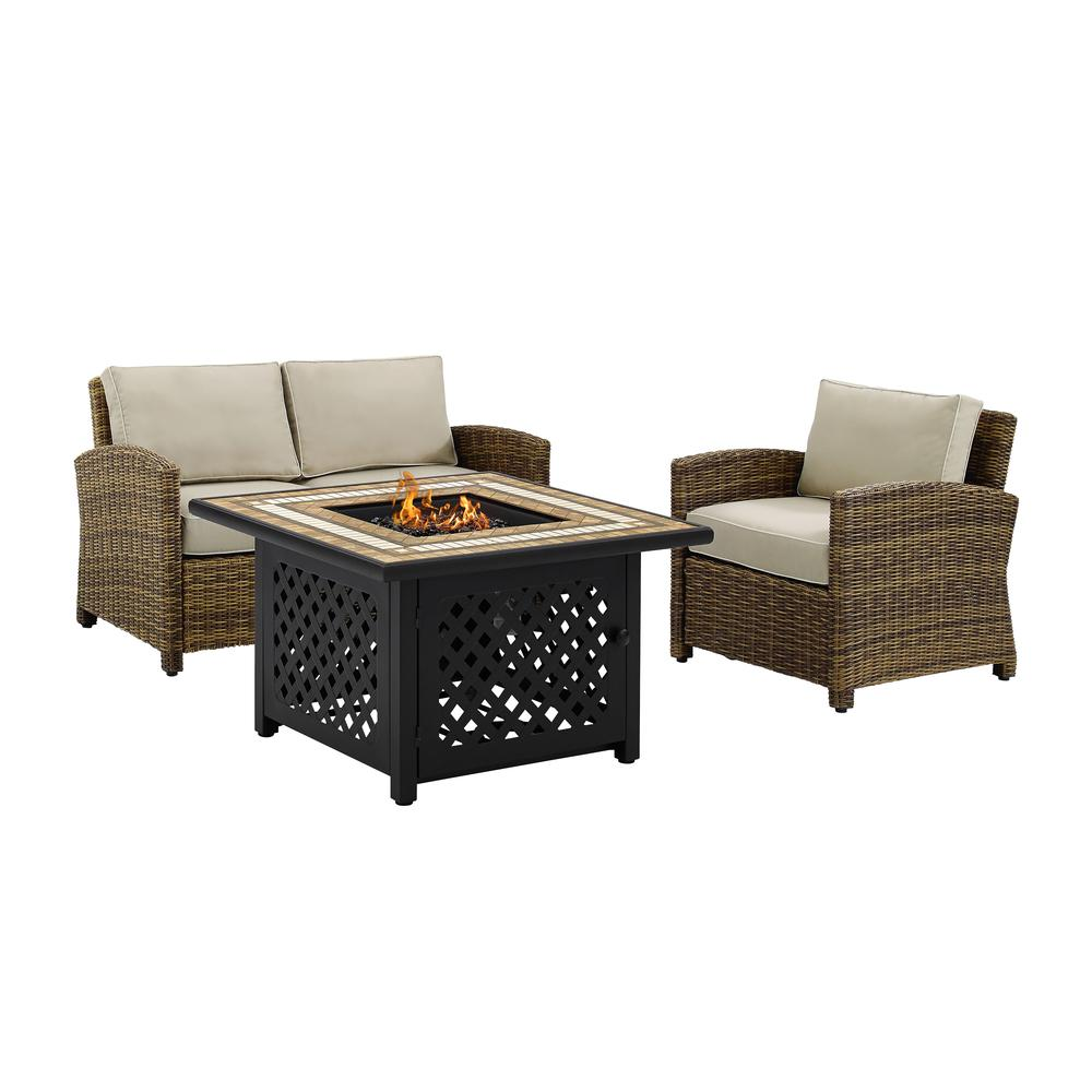 Bradenton 3Pc Outdoor Wicker Conversation Set W/Fire Table Weathered Brown/Sand - Loveseat, Armchair, & Tucson Fire Table