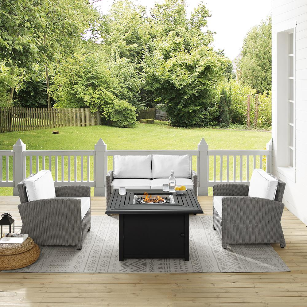 Bradenton 4Pc Outdoor Convo Set W/Fire Table - Sunbrella White/Gray - Loveseat, Dante Fire Table, & 2 Armchairs