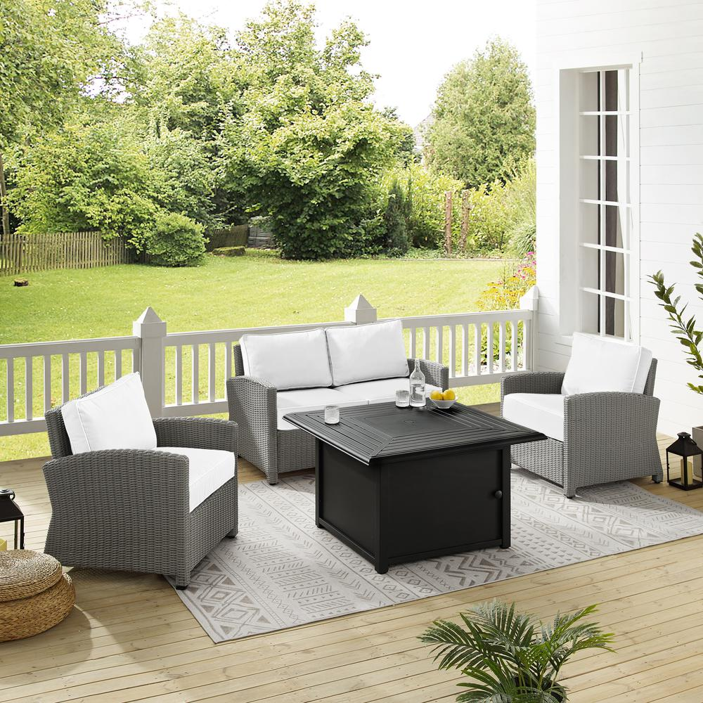 Bradenton 4Pc Outdoor Convo Set W/Fire Table - Sunbrella White/Gray - Loveseat, Dante Fire Table, & 2 Armchairs