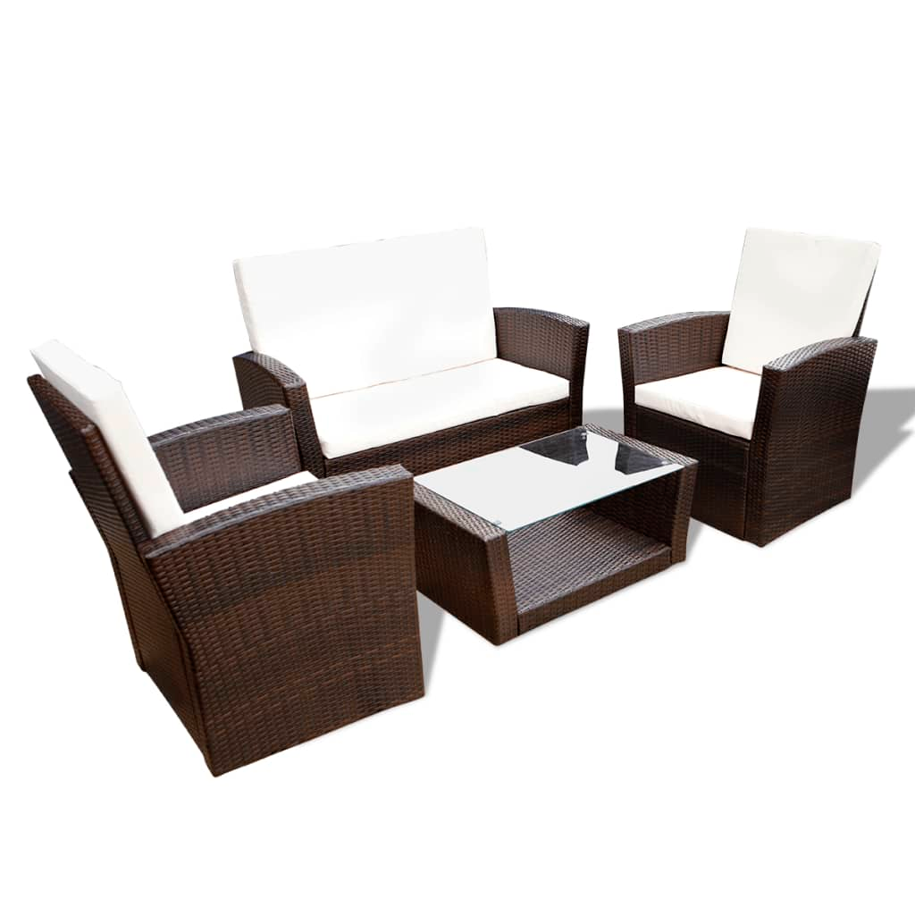 vidaXL 4 Piece Patio lounge set with Cushions Poly Rattan Brown