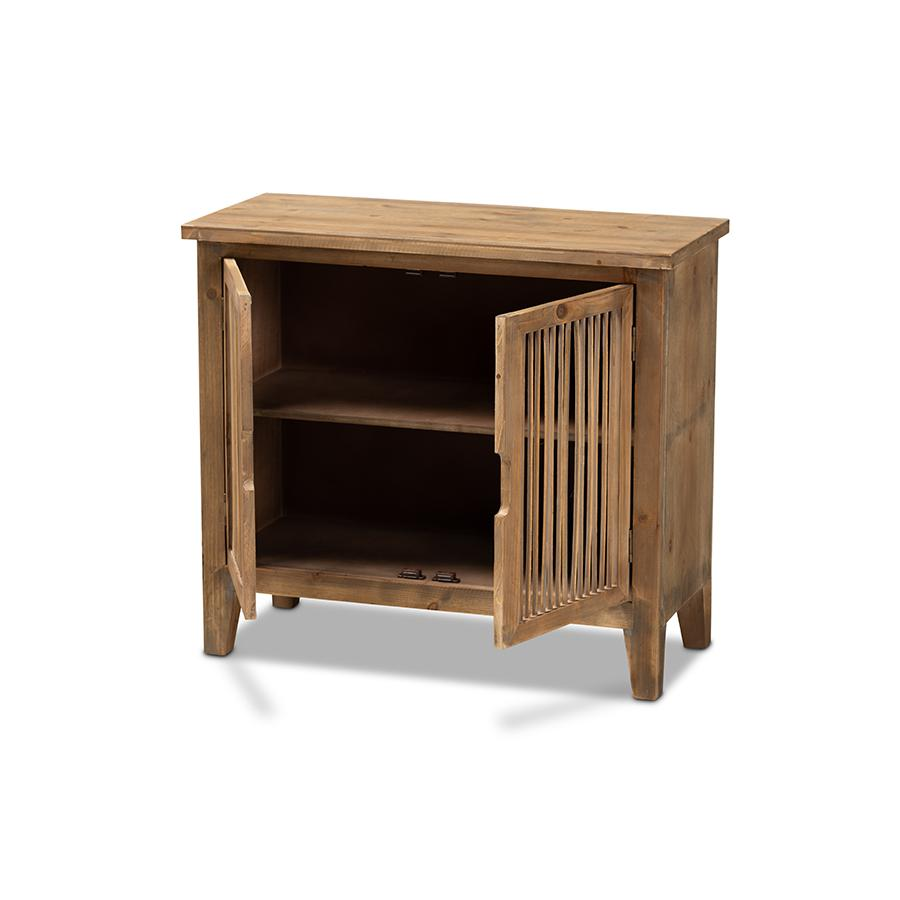 Transitional Medium Oak Finished 2-Door Wood Spindle Accent Storage Cabinet