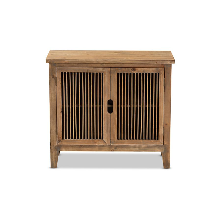 Transitional Medium Oak Finished 2-Door Wood Spindle Accent Storage Cabinet