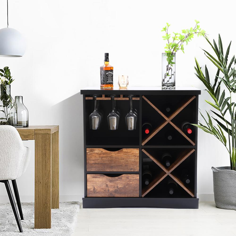 Black and Brown Wood 2-Drawer X-Storage Wine Cabinet