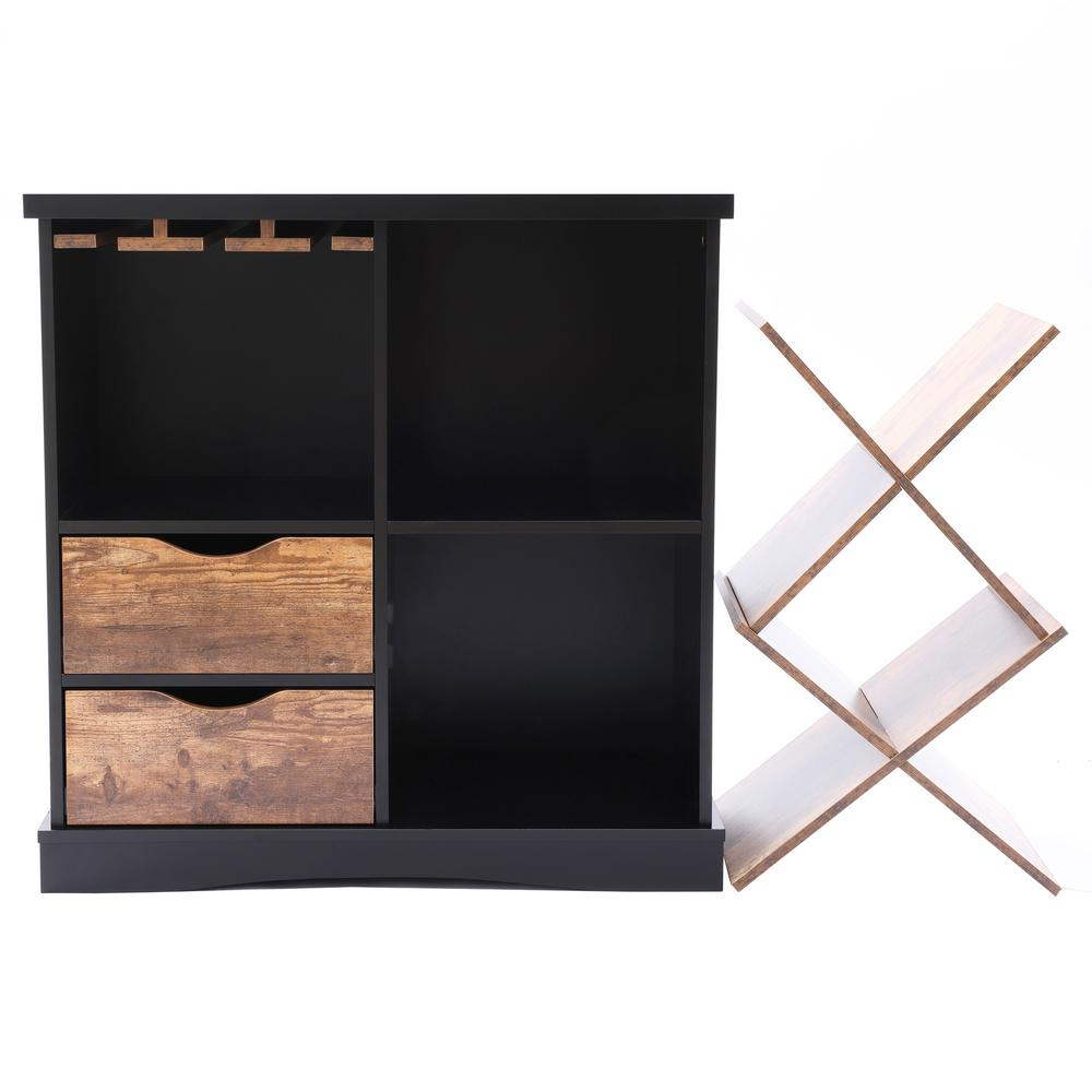 Black and Brown Wood 2-Drawer X-Storage Wine Cabinet