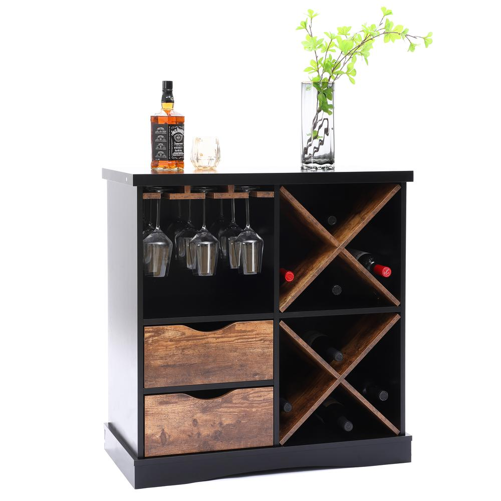 Black and Brown Wood 2-Drawer X-Storage Wine Cabinet