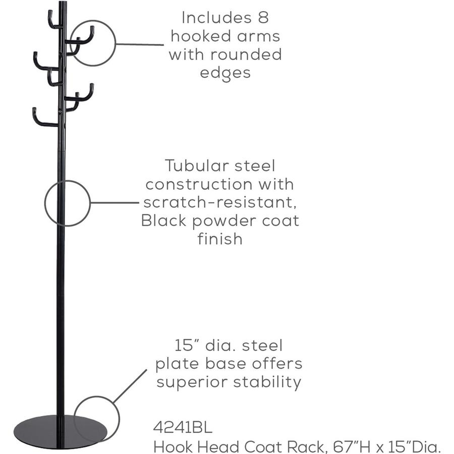 Safco Hook Head Coat Rack - 8 Hooks - for Coat, Jacket, Purse, Hat, Garment - Tubular Steel - Black - 1 Each