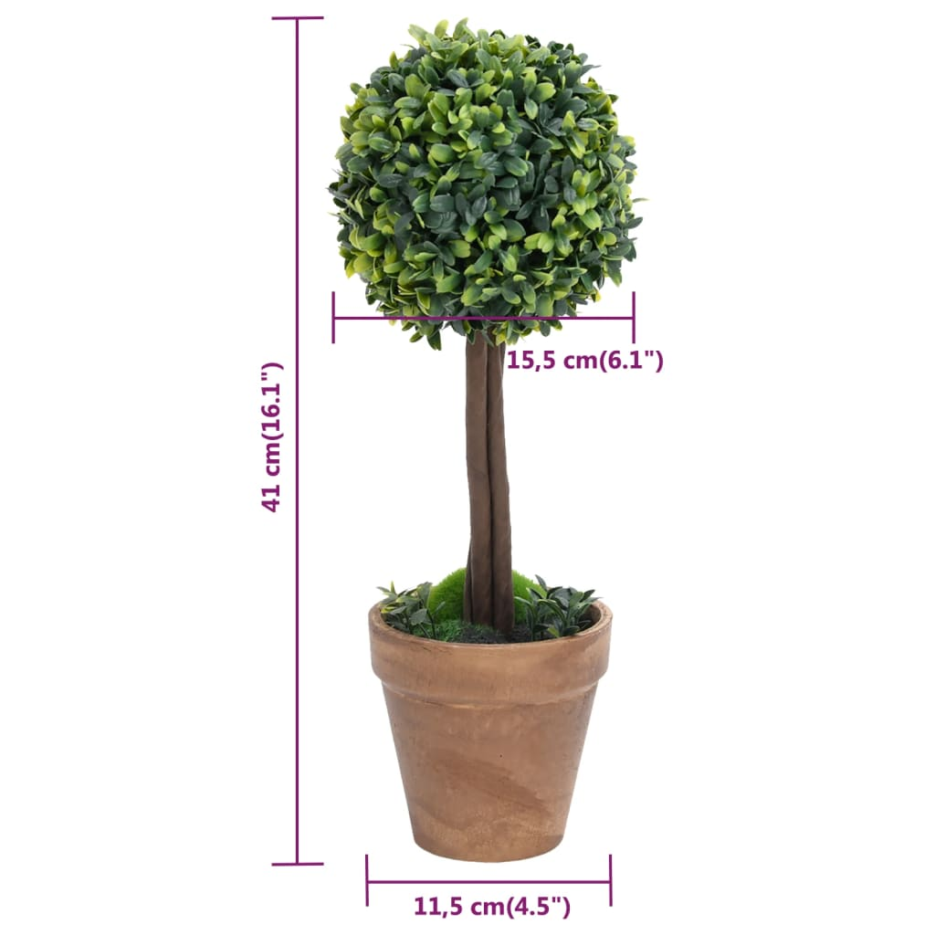 vidaXL Artificial Boxwood Plants 2 pcs with Pots Ball Shaped Green 16.1"