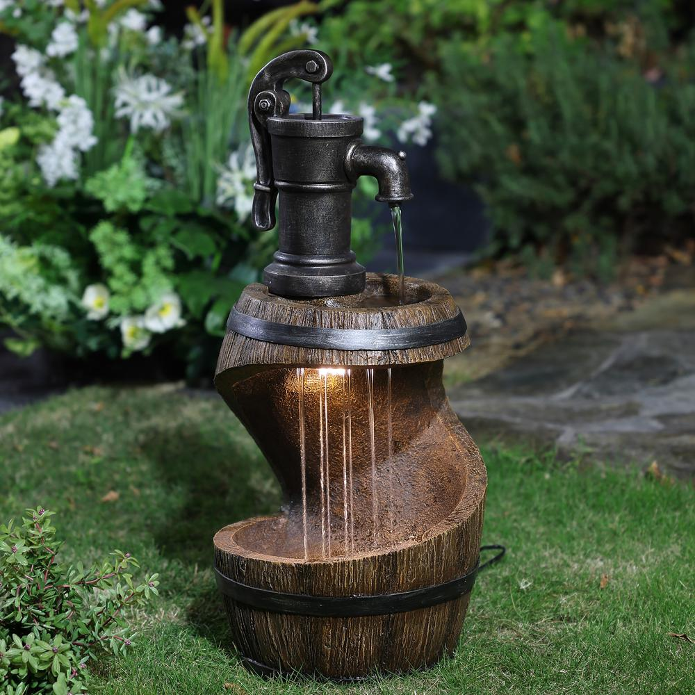 Farmhouse Spiral Barrel Rain Resin Outdoor Fountain with LED Lights