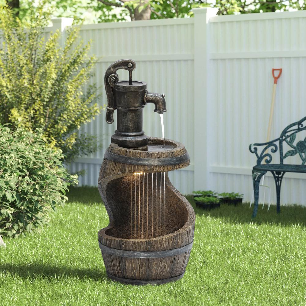 Farmhouse Spiral Barrel Rain Resin Outdoor Fountain with LED Lights