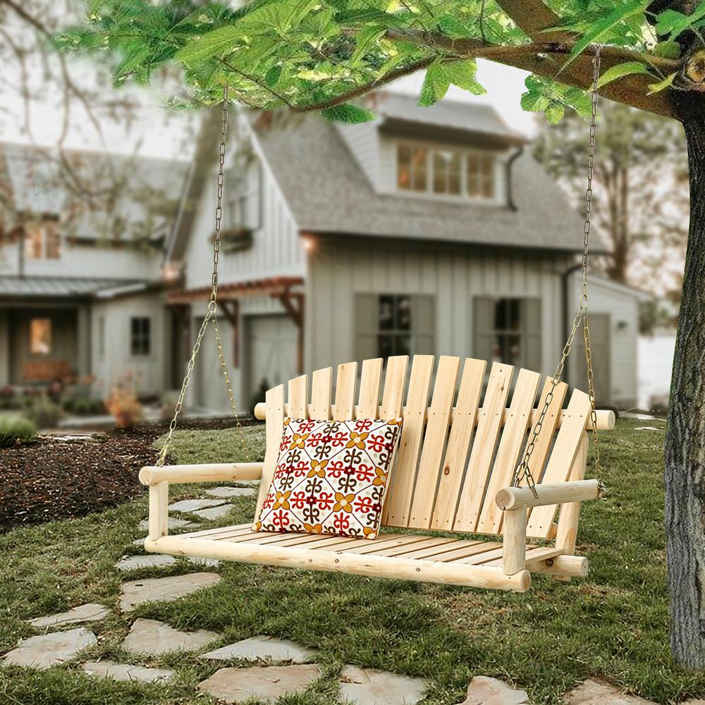 Natural Unfinished Wood Log Cabin Porch Swing with Chains